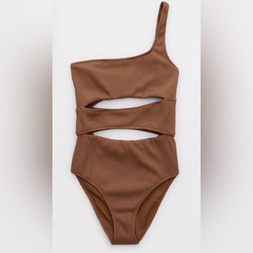 NWT Aerie Crinkle Full Coverage One Piece Swimsuit in Brown